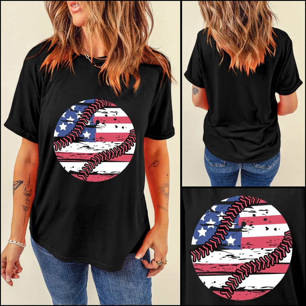 Baseball American Flag Graphic Shirt Patriotic Womens Lightweight Short Sleeve - Picture 3 of 13